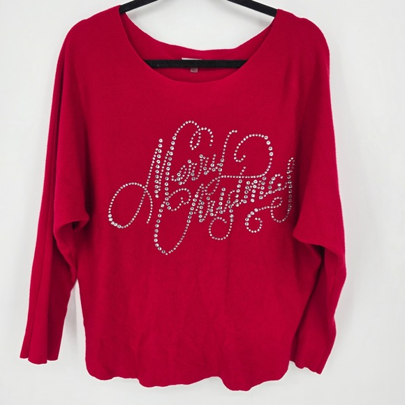 Vila Milano Sweaters - Vila Milano Womens Rhinestone Embellished Red Knit Pullover Sweater Christmas XL